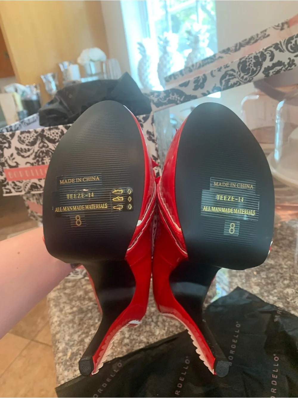 Pleaser Red Patent Platform Pumps with White Scallop Trim and Bow